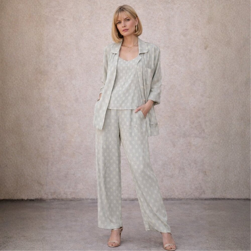 Vintage 80s Anne Klein Silk 3-Piece Pantsuit Pastel Mint Green Ivory Polka Dots